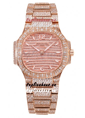 Patek Philippe Nautilus 7118R 35MM 1:1 Diamonds Paved Watch in Rose Gold Casing