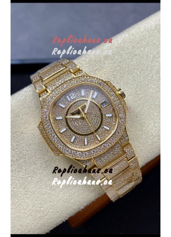 Patek Philippe Nautilus 7010 Diamonds Paved Yellow Gold 32MM 1:1 Mirror Replica - Genuine Diamonds