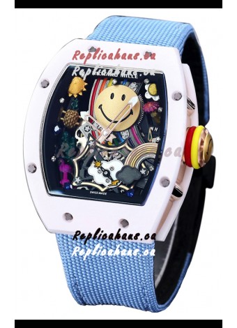 Richard Mille RM088 Smiley Tourbillon White Ceramic Casing Blue Nylon Strap Replica Watch 