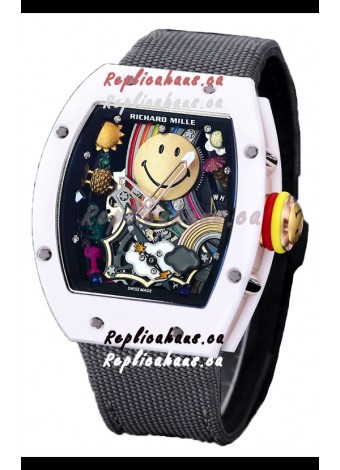 Richard Mille RM088 Smiley Tourbillon White Ceramic Casing Grey Nylon Strap Replica Watch 
