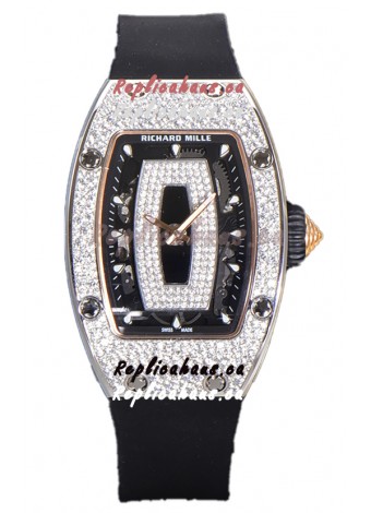 Richard Mille RM007 Diamonds Paved Black Dial 904L Steel Superclone Swiss Watch