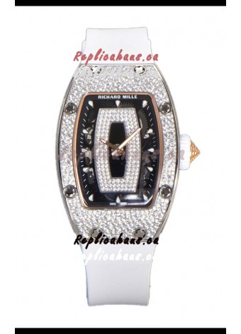 Richard Mille RM007 Diamonds Paved White Strap 904L Steel Superclone Swiss Watch