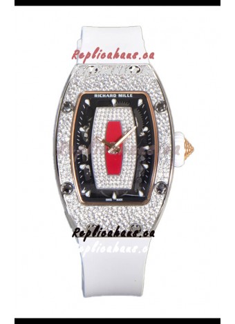 Richard Mille RM007 Diamonds Paved White Strap Red Dial 904L Steel Superclone Swiss Watch