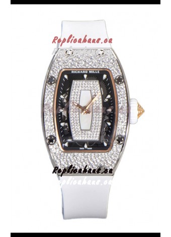 Richard Mille RM007 Diamonds Paved White Strap & Dial 904L Steel Superclone Swiss Watch
