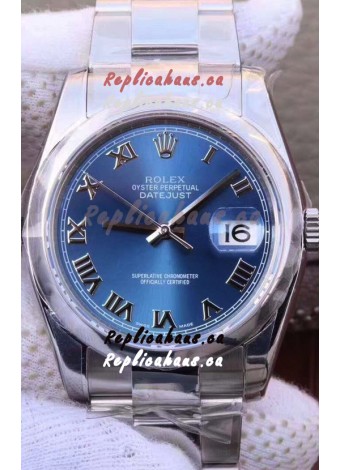 Rolex Datejust 36MM Cal.3135 Movement Swiss Replica Watch in 904L Steel Casing in Blue Roman Dial