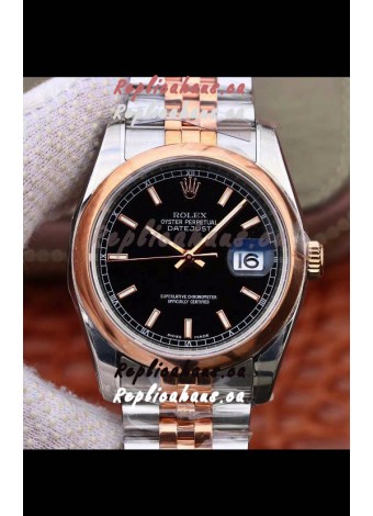Rolex Datejust 36MM Cal.3135 Movement Swiss Replica Watch in 904L Steel Two Tone Casing Black Dial