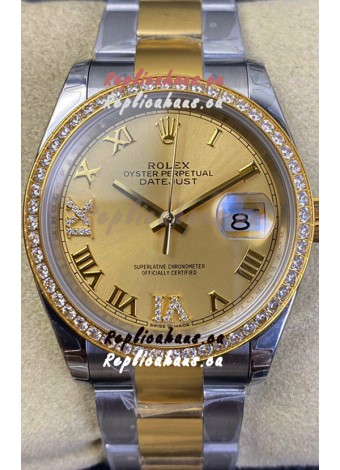 Rolex Datejust 36MM Cal.3135 Movement Swiss Replica Watch in 904L Steel Two Tone Casing Gold Dial