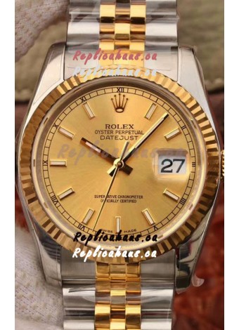 Rolex Datejust 36MM Cal.3135 Movement Swiss Replica Watch in 904L Steel Two Tone Casing Gold Dial