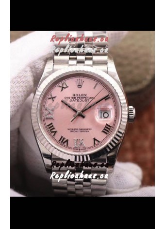 Rolex Datejust 36MM Cal.3135 Movement Swiss Replica Watch in 904L Steel Pink Dial 