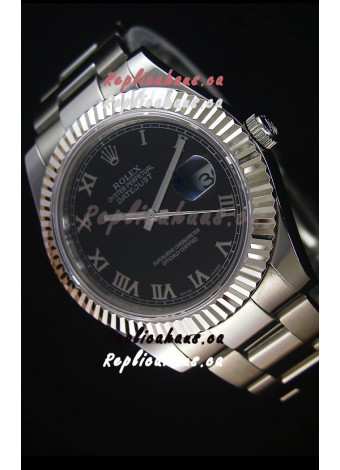 Rolex Datejust Japanese Replica Watch - Black Dial Roman Markers in 41MM with Oyster Strap
