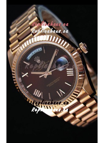 Rolex Day Date Japanese Replica Watch - Rose Gold Casing in Maroon Dial 40MM