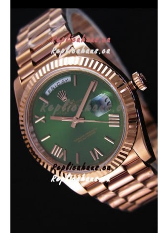 Rolex Day Date Japanese Replica Watch - Rose Gold Casing in Green Dial 40MM