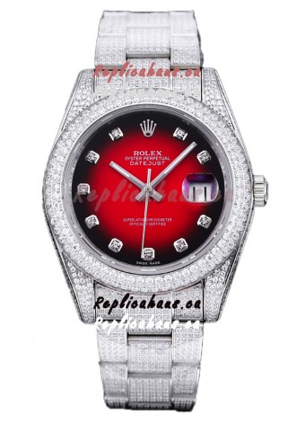 Rolex Datejust 41MM Swiss Replica - Iced Out Edition in Red Dial 