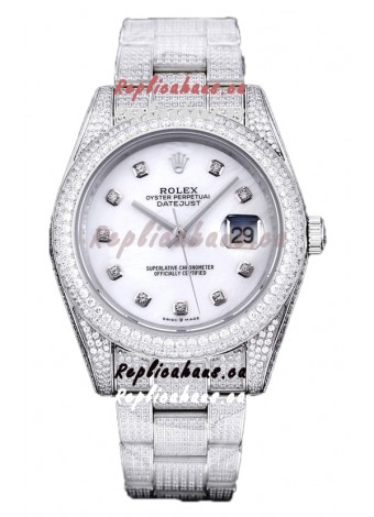 Rolex Datejust 41MM Swiss Replica - Iced Out Edition in White Pearl Dial