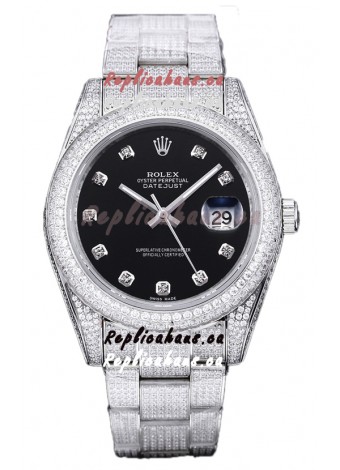 Rolex Datejust 41MM Swiss Replica - Iced Out Edition in Black Dial 