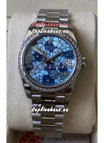 Rolex Datejust Ladies 31MM Cal.3135 Movement Swiss Replica Blue Motif Diamonds Bezel in 904L Steel Casing