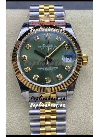 Rolex Datejust 31MM Swiss Watch in 904L Steel Two Tone Yellow Green Dial 1:1 Mirror Replica