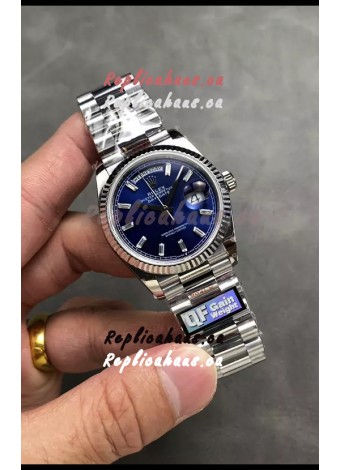 Rolex Day Date Super Clone Stainless Steel Blue Dial Crystal Numerals Watch 36MM - 1:1 Mirror Quality
