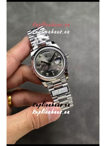 Rolex Day Date Super Clone Stainless Steel Grey Dial Diamonds Numerals Watch 36MM - 1:1 Mirror Quality