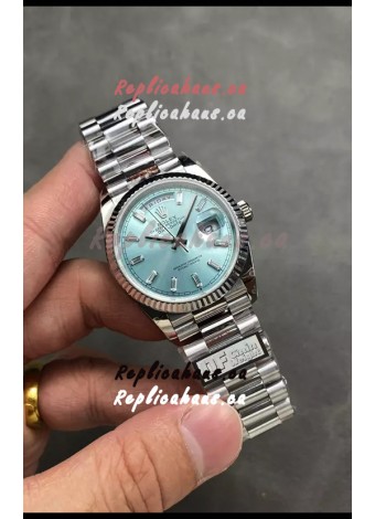 Rolex Day Date Super Clone Stainless Steel Ice Blue Dial Crystal Numerals Watch 36MM - 1:1 Mirror Quality