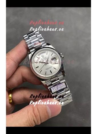 Rolex Day Date Super Clone Stainless Steel Silver Dial Steel Numerals Watch 36MM - 1:1 Mirror Quality