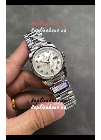 Rolex Day Date Super Clone Stainless Steel Silver Dial Diamonds Numerals Watch 36MM - 1:1 Mirror Quality