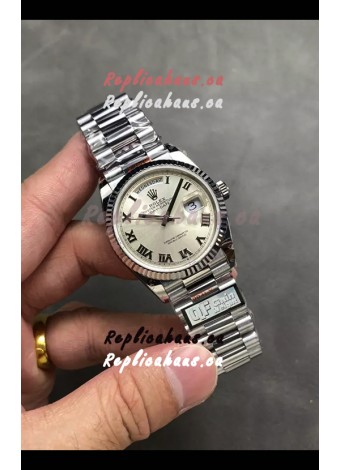 Rolex Day Date Super Clone Stainless Steel Silver Dial Roman Numerals Watch 36MM - 1:1 Mirror Quality