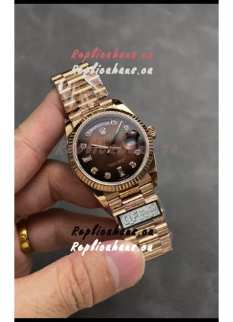 Rolex Day Date Super Clone Rose Gold Brown Dial Diamonds Numerals Watch 36MM - 1:1 Mirror Quality