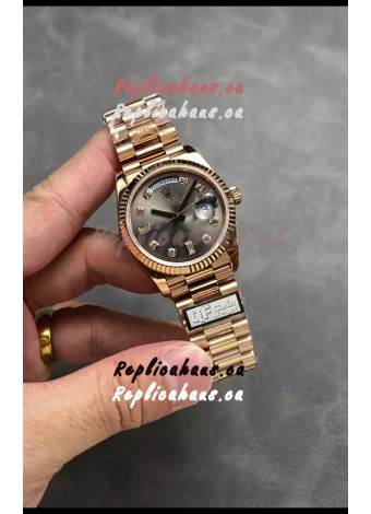 Rolex Day Date Super Clone Rose Gold Grey Dial Diamonds Numerals Watch 36MM - 1:1 Mirror Quality