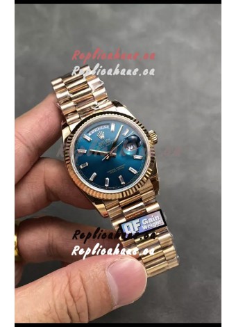 Rolex Day Date Super Clone Rose Gold Blue Dial Crystal Numerals Watch 36MM - 1:1 Mirror Quality