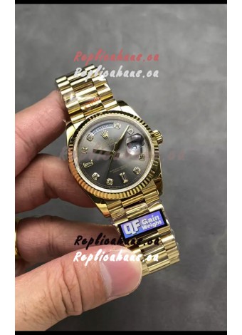 Rolex Day Date Super Clone Yellow Gold Grey Dial Diamonds Numerals Watch 36MM - 1:1 Mirror Quality