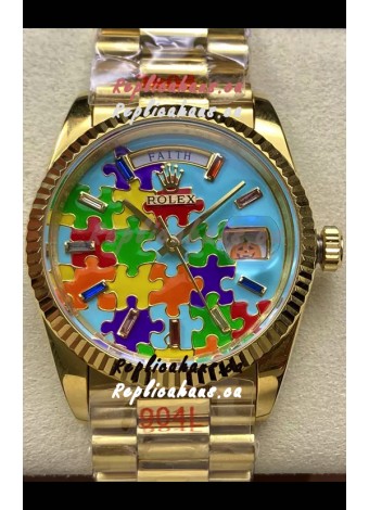 Rolex Day Date Emoji Jig-Saw Puzzle Yellow Gold Casing Swiss Replica Watch 