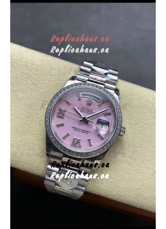Rolex Day Date Super Clone Stainless Steel Pink Dial Diamonds Numerals Watch 36MM - 1:1 Mirror Quality