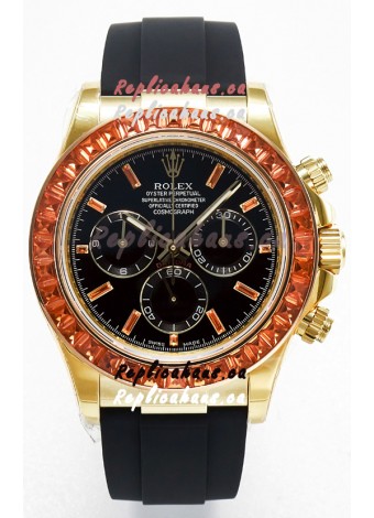 Rolex Daytona Super Clone Daytona Yellow Gold Casing Black Dial with Sapphires Bezel 