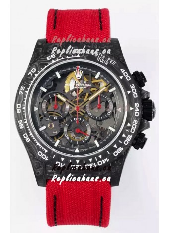 Rolex Daytona Super Clone DiW Skeleton Carbon Edition Watch - Forged Carbon Casing Red Strap 1:1 Mirror Replica