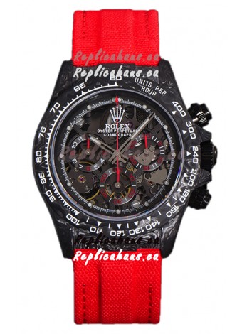 Rolex Daytona DiW Skeleton Carbon Edition Watch - Forged Carbon Casing Red Strap 1:1 Mirror Replica