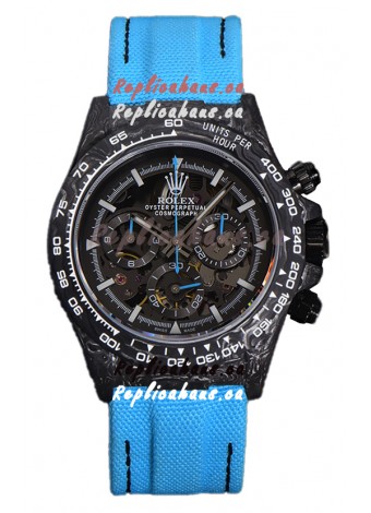 Rolex Daytona DiW Skeleton Carbon Edition Watch - Forged Carbon Casing Blue Strap 1:1 Mirror Replica