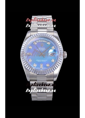 Rolex Day Date Watch in Blue Dial with Diamonds Hour Numerals ETA Movement - 904L Steel 