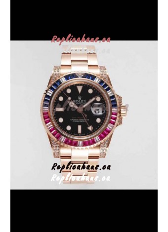 Rolex GMT Masters II Diamonds Swiss watch with Rose Gold 904L Case - 1:1 Mirror Quality 