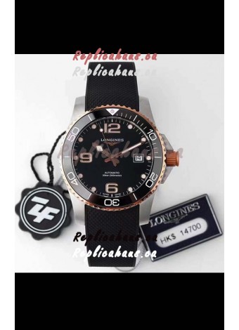 Longines HydroConquest 1:1 Swiss Replica Watch in Black Dial Rubber Strap Rose Gold Bezel