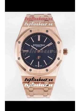 Audemars Piguet Royal Jumbo Oak Extra Thin Swiss Replica Rose Gold - 1:1 Mirror Replica Watch Blue Dial