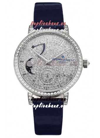 Vacheron Constantin Traditionelle Moon Phase Diamond Paved Dial in White Gold Swiss Replica