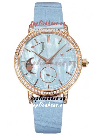 Vacheron Constantin Traditionelle Moon Phase Blue Mother of Pearl Dial in Rose Gold Swiss Replica