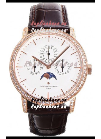 Vacheron Constantin Patrimony Perpetual Calendar Ultra-Thin Rose Gold White Dial Swiss Replica