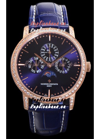 Vacheron Constantin Patrimony Perpetual Calendar Ultra-Thin Rose Gold Blue Dial Swiss Replica