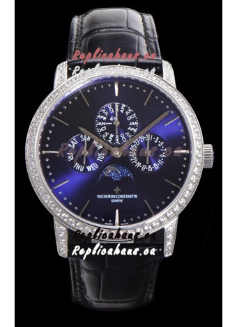 Vacheron Constantin Patrimony Perpetual Calendar Ultra-Thin White Gold Blue Dial Swiss Replica