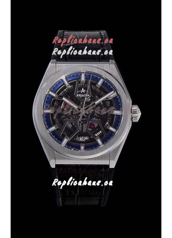 Zenith Defy Classic Skeleton 41 mm Titanium Men's Swiss Replica Watch - Black Leather Strap