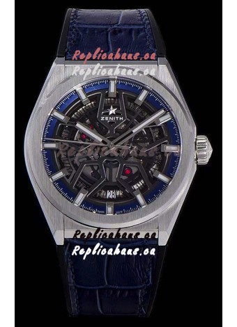 Zenith Defy Classic Skeleton 41 mm Titanium Men's Swiss Replica Watch - Blue Leather Strap