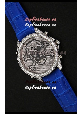 Five Time Zones J&C Skull Japanese Quartz in Full Diamonds