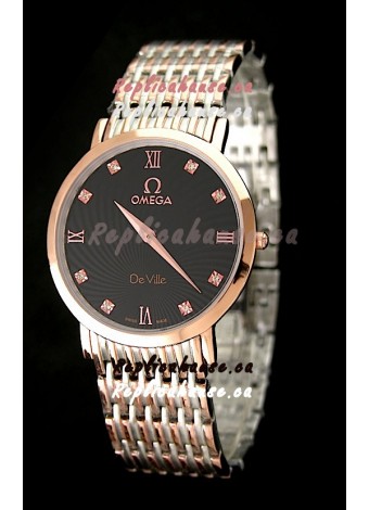 Omega DeVelie Japanese Replica Rose Gold Watch in Black Dial